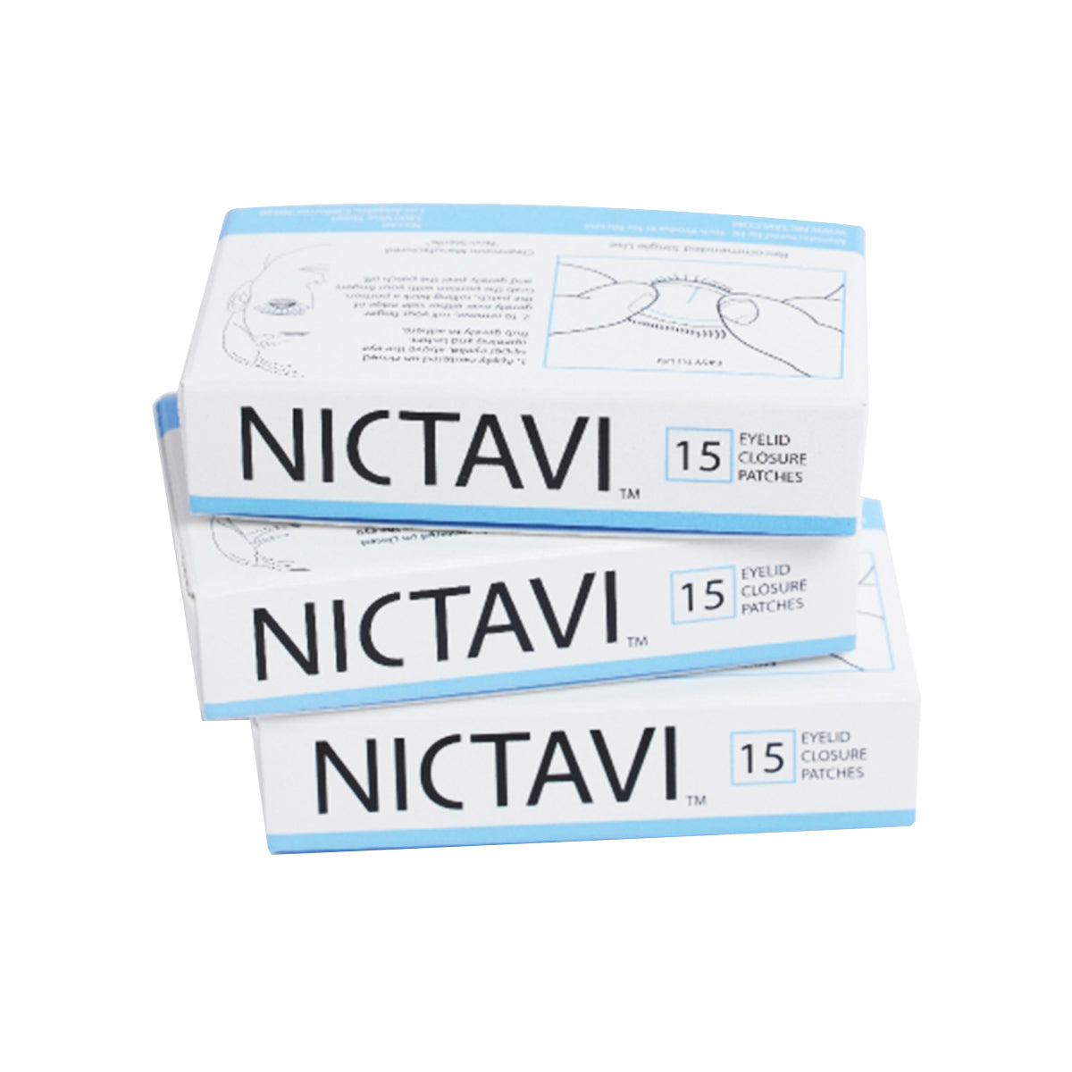 Three stacked boxes of Nictavi Disposable Devices for Nighttime Eyelid Closure, primarily white with blue accents, offer crucial corneal protection. Each box contains 15 patches designed for effective eyelid closure and dry eye relief.