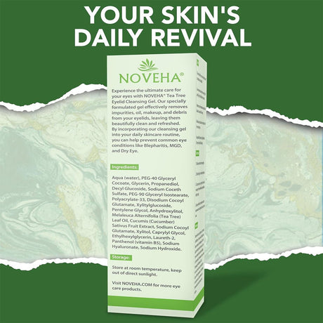 Against a leafy green background, Noveha Tea Tree Eyelid Gel Cleanser (50mL) is featured with its benefits for eyelid care, dry eye, and blepharitis. It lists soothing ingredients and YOUR SKINS DAILY REVIVAL at the top. For more info, visit Noveha.com.