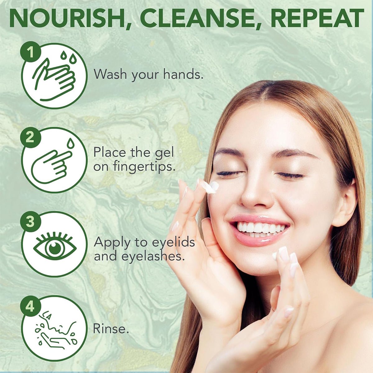 A smiling woman applies Noveha Tea Tree Eyelid Gel Cleanser (50mL) to her face in steps: wash hands, place gel on fingertips, apply to eyelids for blepharitis and dry eye, and rinse well. A light green marbled background enhances the tranquility.