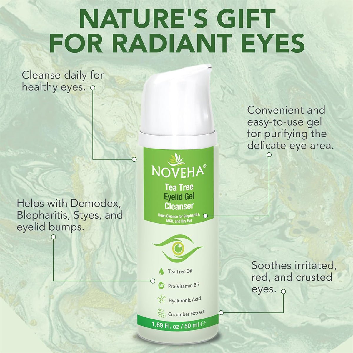 Image of Noveha Tea Tree Eyelid Gel Cleanser (50mL) bottle. Features highlighted: daily eye cleansing, gentle gel for delicate skin, alleviates blepharitis and eyelid bumps, soothes irritation and dry eye symptoms. Enriched with tea tree oil and cucumber extract.