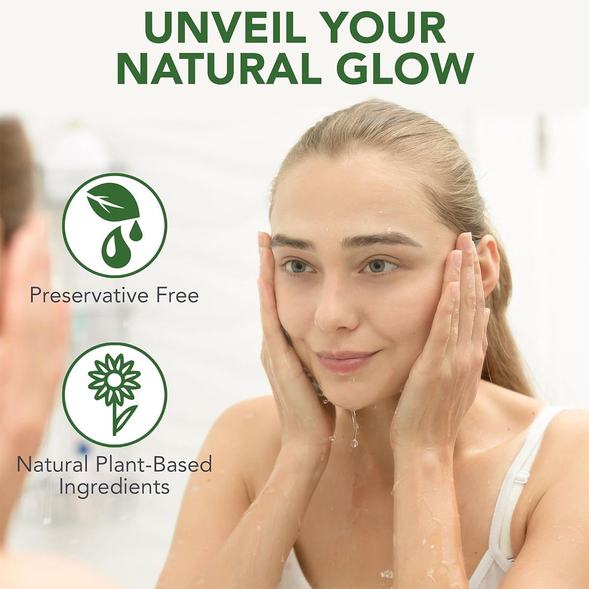 A woman washes her face with the Noveha Tea Tree Eyelid Gel Cleanser, highlighting its skincare benefits. Text reads Unveil Your Natural Glow, noting its Preservative Free and made from Natural Plant-Based Ingredients. Ideal for those with dry eye concerns.