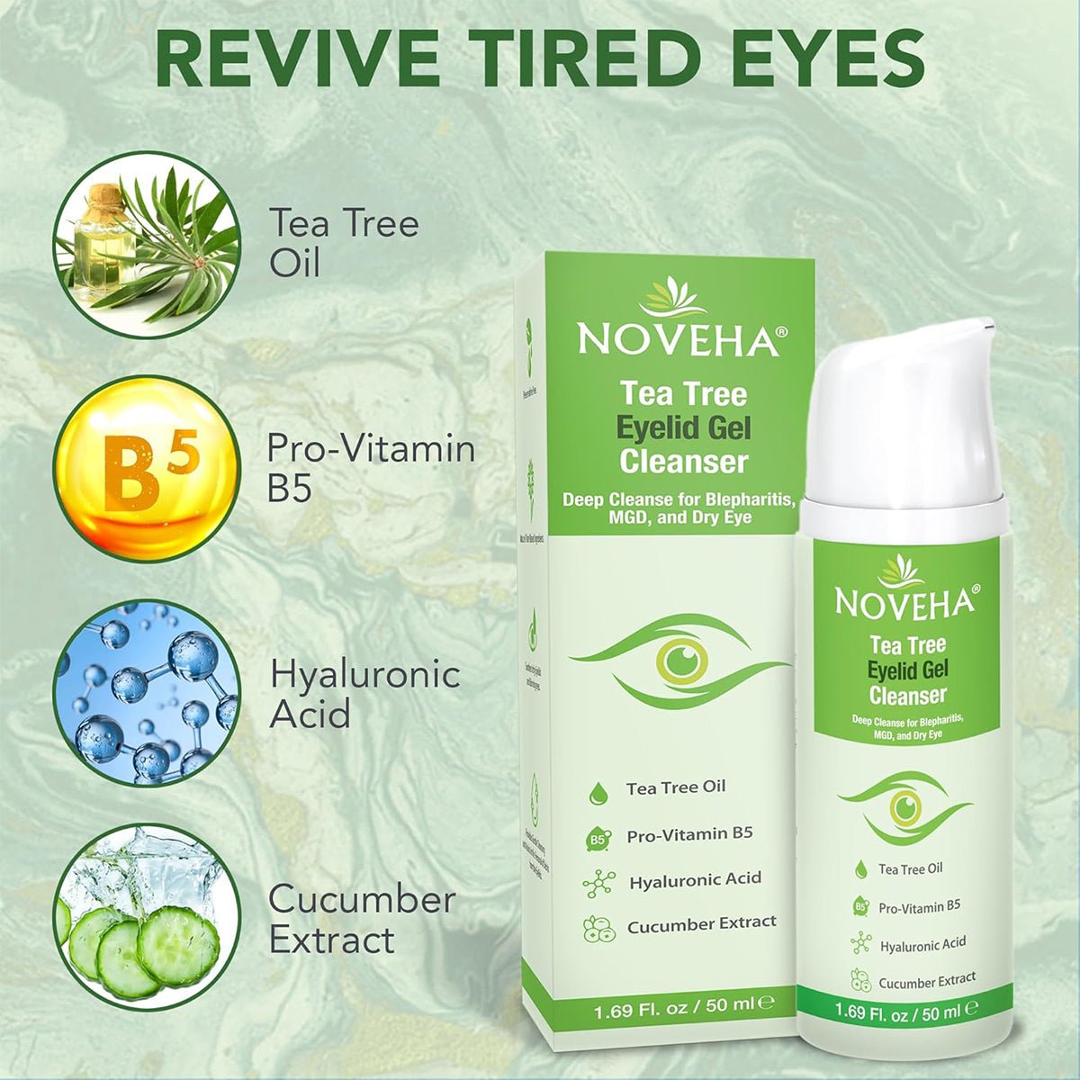 The product image for Noveha Tea Tree Eyelid Gel Cleanser (50mL) displays ingredients such as Tea Tree Oil, Pro-Vitamin B5, Hyaluronic Acid, and Cucumber Extract against a natural backdrop with the text Revive Tired Eyes & Combat Dry Eye.