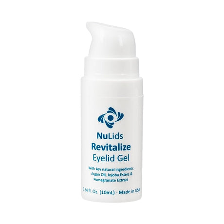 The white pump bottle labeled Nulids Revitalize Eyelid Applicator Gel from NuSight Medical features natural ingredients like Argan Oil, Jojoba Esters, and Pomegranate Extract for anti-inflammatory benefits. This 0.34 fl. oz. (10mL) product is made in the USA and offers a 90-day supply.