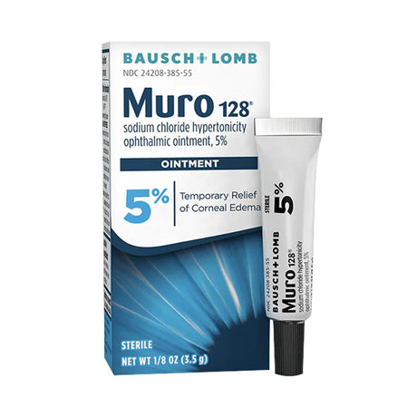 The image shows Bausch + Lombs Muro 128, a 1/8 fl oz (3.5g) tube of 5% sodium chloride ointment for temporary relief of corneal edema, positioned in front of its box to highlight its hypertonic formula for ocular comfort.