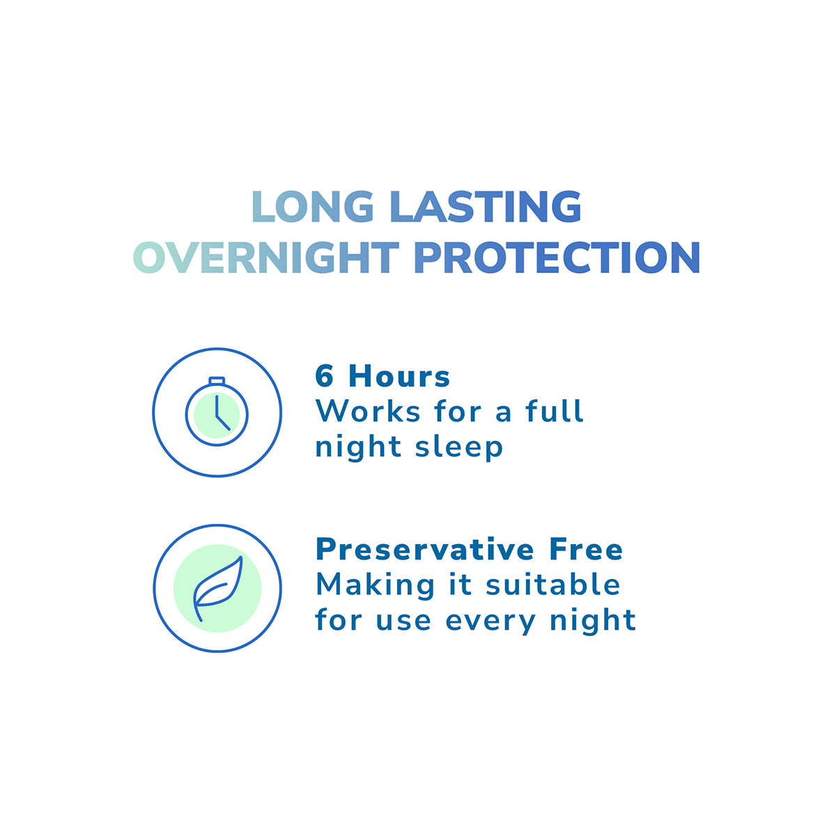 Text graphic for Optase Hylo Night Ointment features: Long Lasting Overnight Protection. Icons: a clock with 6 Hours Works for a full nights sleep and a leaf with Preservative-Free Suitable for nightly use. Perfect for night-time dry eye relief.