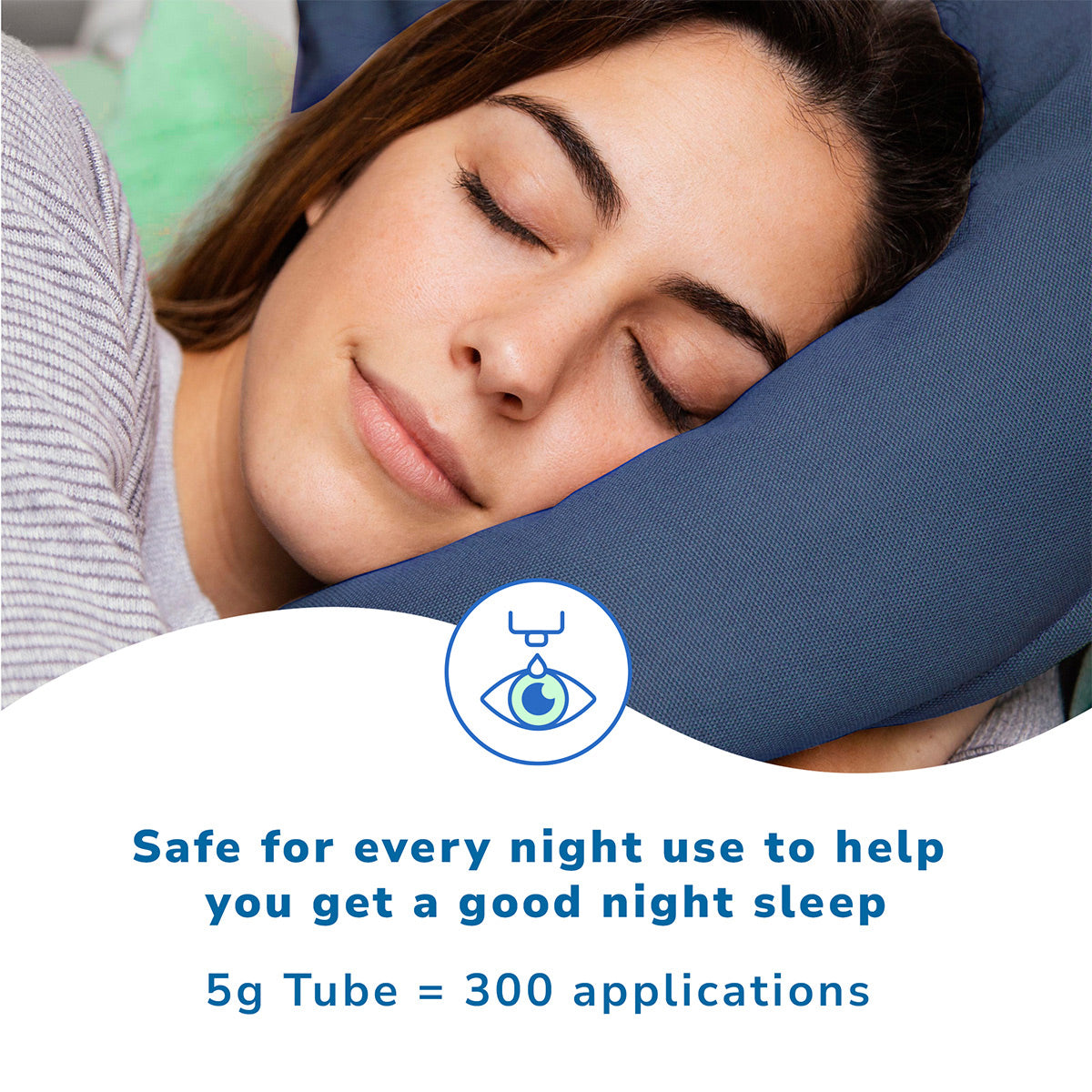 A woman sleeps peacefully on a blue pillow. Below her, text reads: Optase Hylo Night Ointment Preservative-Free offers night-time dry eye relief, safe for nightly use, with 300 applications (5g Tube). A small eye dropper icon is displayed above the text.