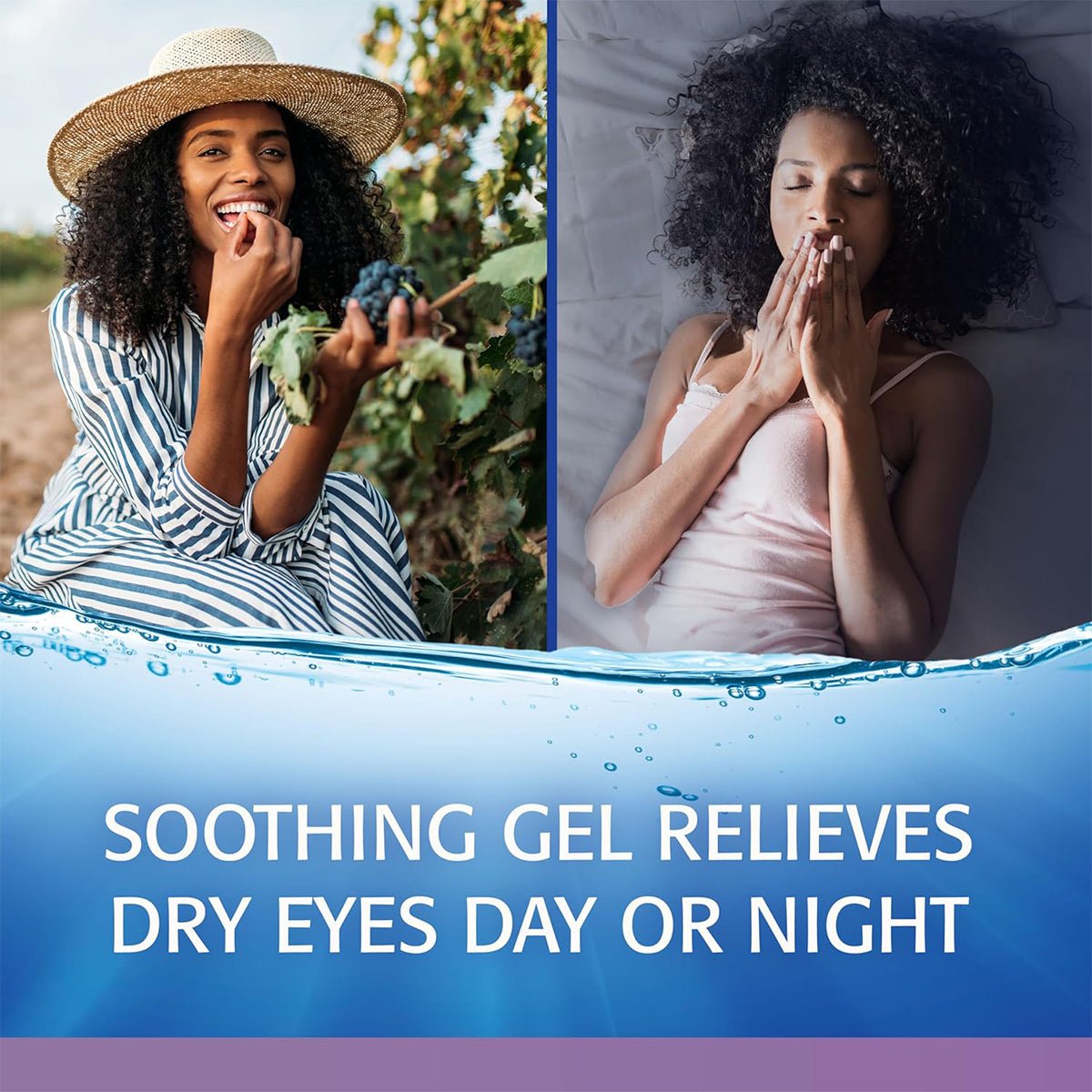 A split image depicts a woman eating grapes outdoors and another resting in bed. Both have closed eyes. Text: Abbvies Refresh Optive® Gel Drops soothe dry eyes, offering relief day or night with our lubricant eye gel.