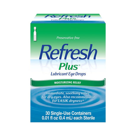 A box of Abbvies Refresh Plus Lubricant Preservative Free Eye Drops features green and blue packaging with Moisturizing Relief on it. It includes 30 single-use vials, each containing 0.01 fl oz, offering soothing relief for dry eyes.