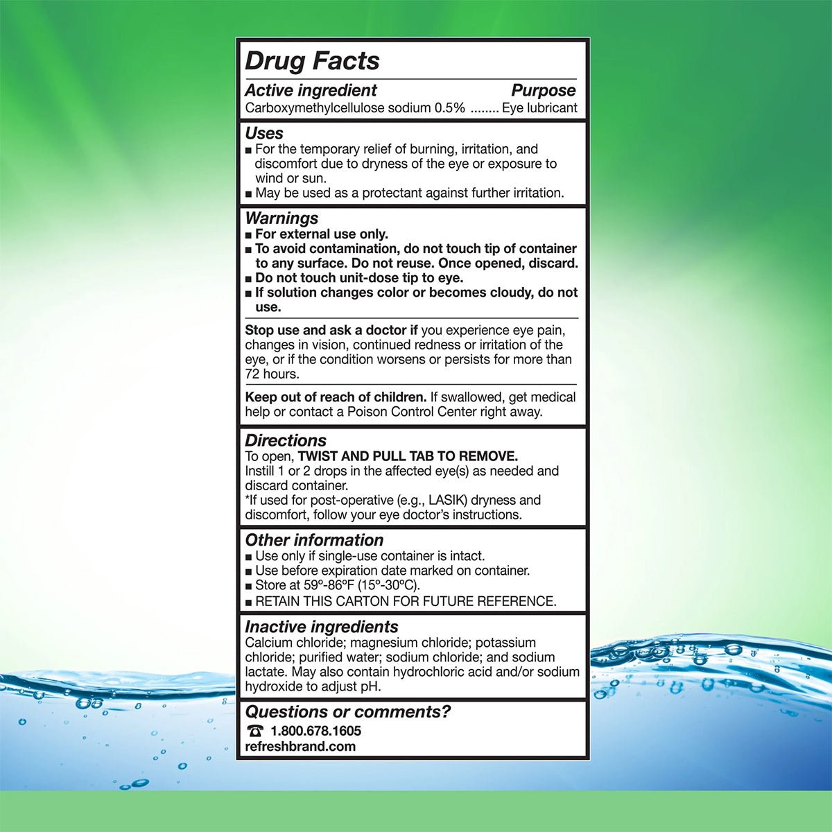 The image features a Drug Facts label for Refresh Plus Lubricant Preservative Free Eye Drops by Abbvie, containing 0.5% Carboxymethylcellulose sodium as a lubricant for dry eyes. It details uses, warnings, directions, and contact info on a gradient green-blue background.