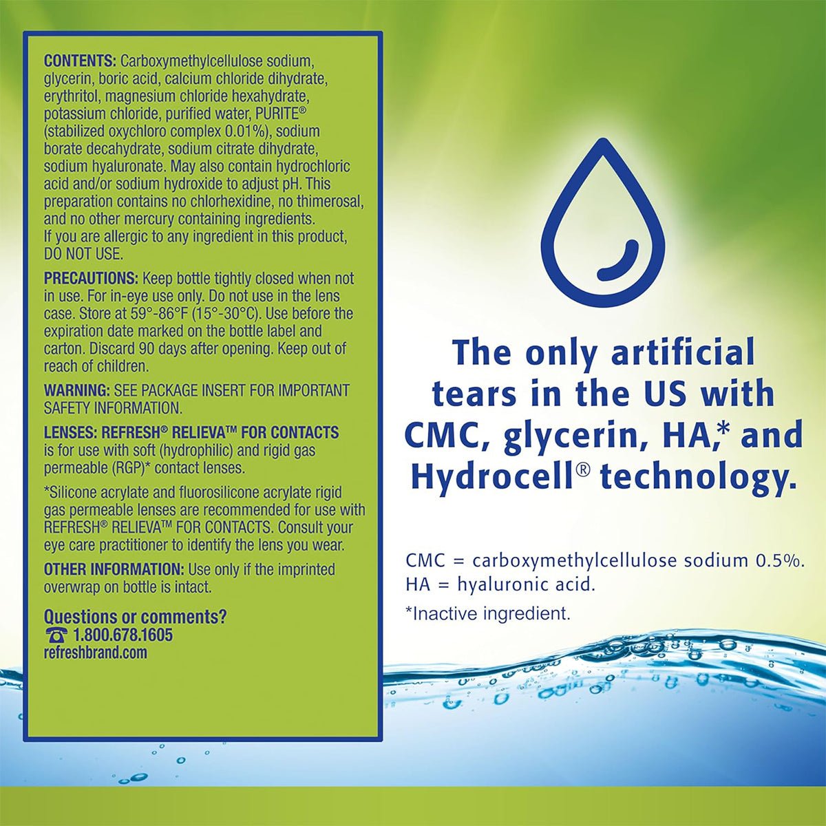 The Refresh Relieva for Contacts eye drops label, from Abbvie, includes ingredients and usage instructions with a droplet graphic. It promotes long-lasting lubrication technology using CMC, glycerin, HA, and Hydrocell®, tailored for contact lens users. Contact information is included.