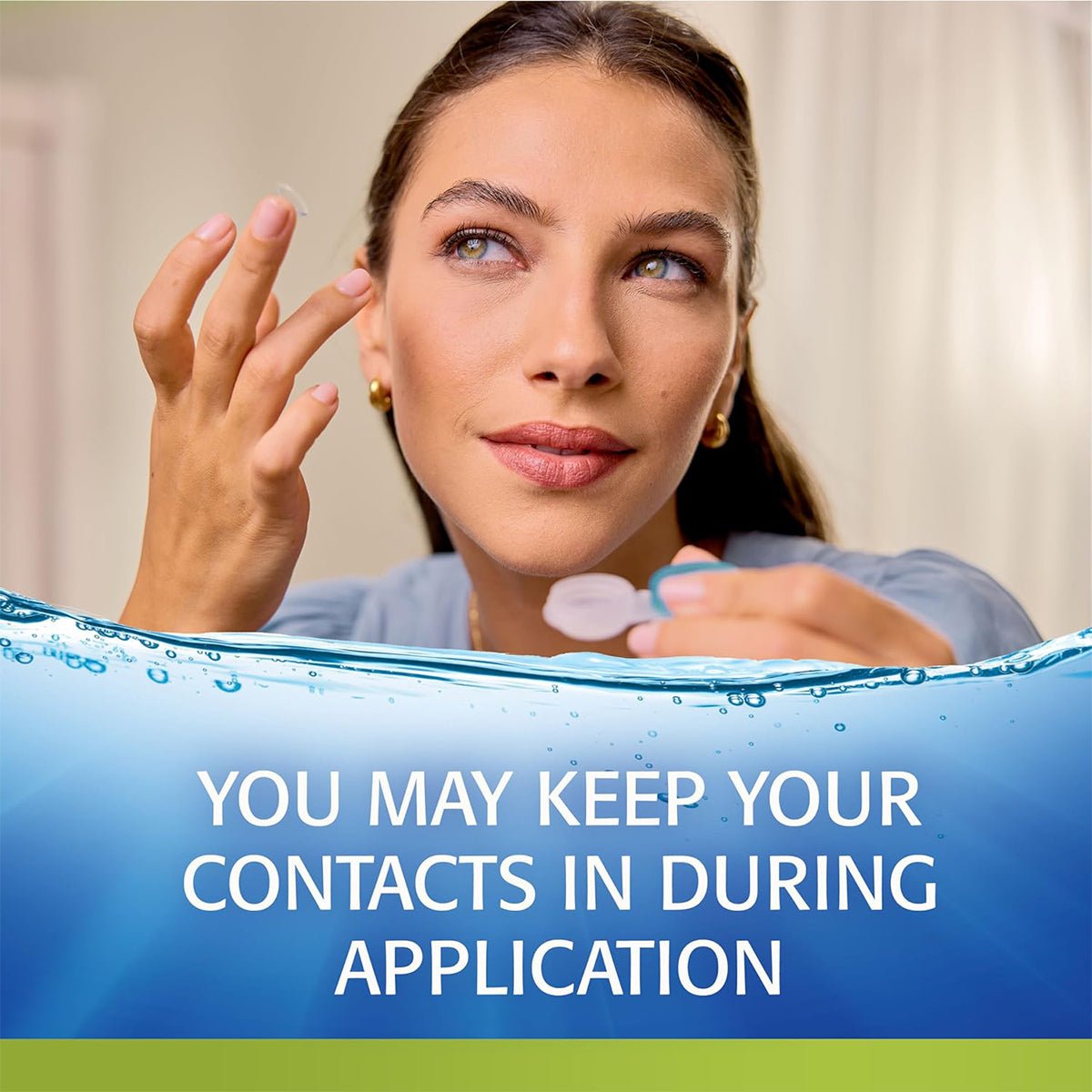 A person applies cream to their face, holding Refresh Relieva for Contacts eye drops from Abbvie, with text stating, Use without removing contacts to ensure long-lasting hydration for all contact lens wearers.