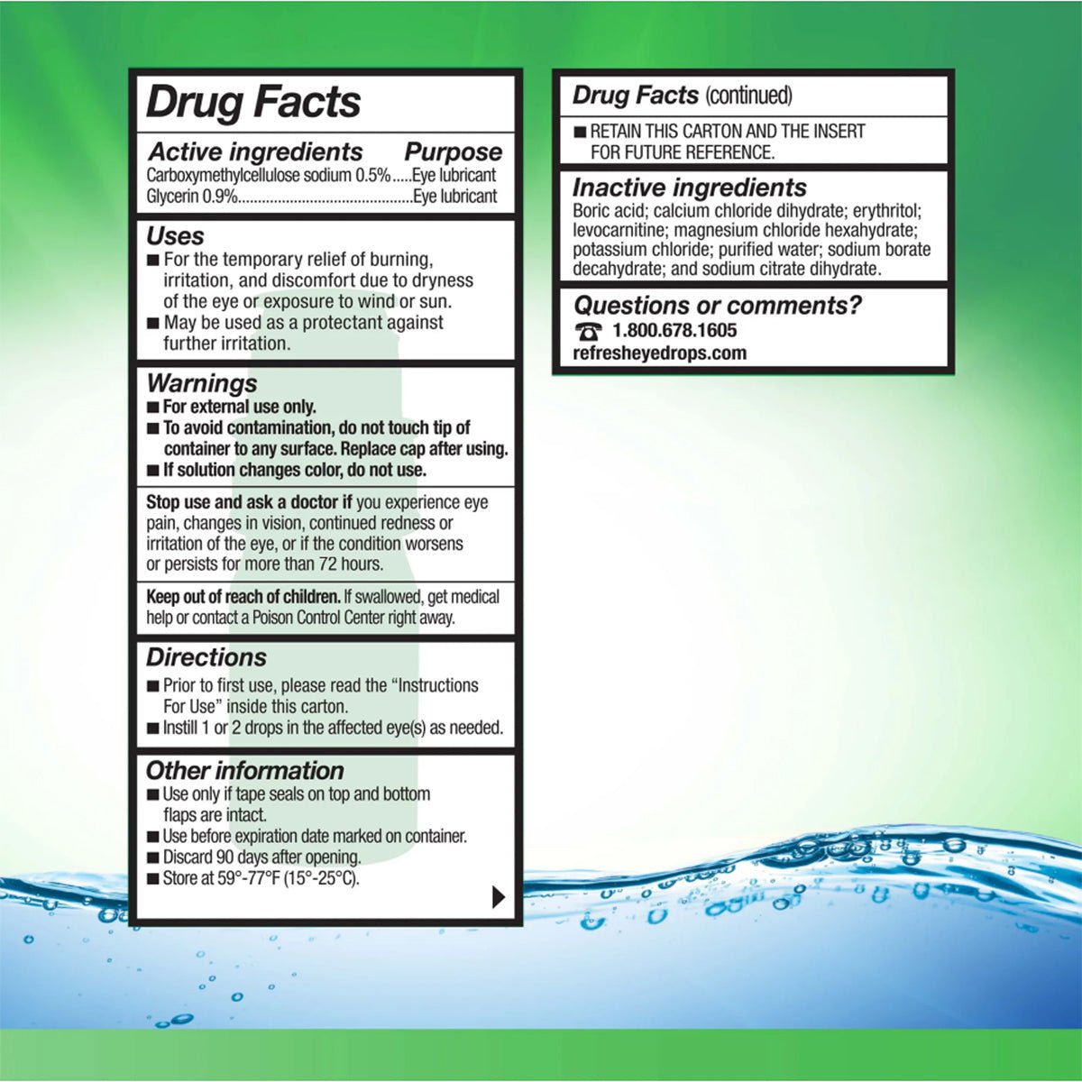 The packaging of Abbvies Refresh Tears PF Eye Drops (10mL) includes drug facts, active ingredients, warnings, and usage directions. It offers fast-acting moisturizing relief with a preservative-free formula. Features a water droplet design and contact info on the bottom of the package.