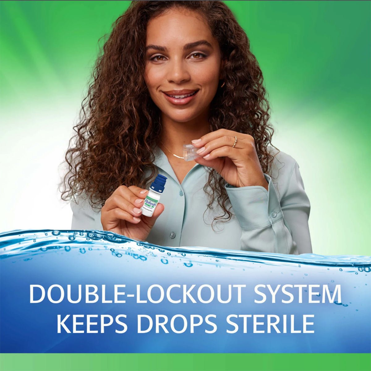 A woman with curly hair holds a 10mL Refresh Tears PF bottle from Abbvie against a green and white gradient. Text reads, DOUBLE-LOCKOUT SYSTEM KEEPS DROPS STERILE, with a blue water design below, ensuring fast-acting moisturizing relief.
