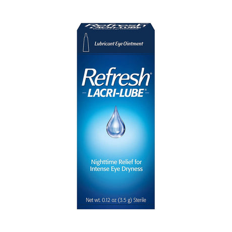 Abbvies Refresh Lacri-Lube Lubricant Eye Ointment for nighttime dryness comes in a navy blue box with a water droplet image, offering Nighttime Protection for Intense Eye Dryness. It contains 3.5g of sterile ointment to effectively relieve dry eyes.