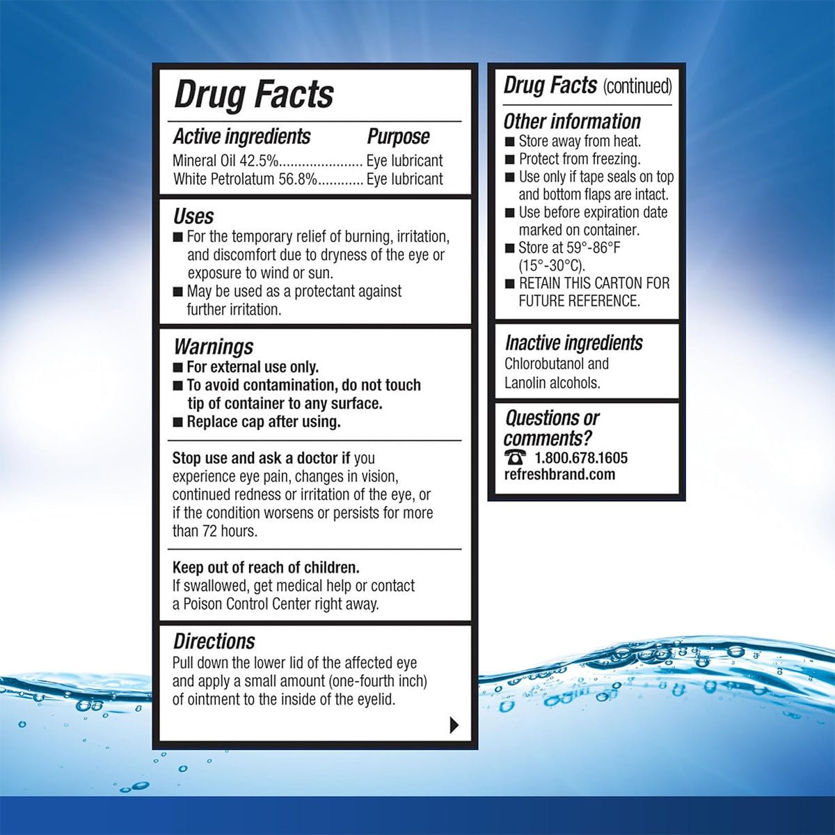 Image of the Drug Facts label for Refresh Lacri-Lube Lubricant Eye Ointment (3.5g), Abbvie, includes active ingredients, uses, warnings, directions, and storage instructions. Advises against contamination and provides a customer service contact number.