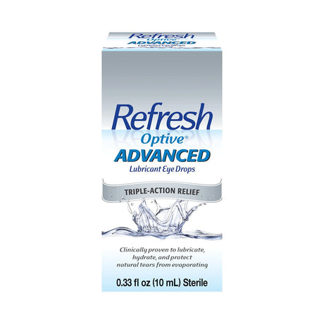 The Abbvie Refresh Optive Advanced Eye Drops (10 mL Bottle) package features Triple-Action Relief with a water splash image, clinically proven HydroCell™ Technology to lubricate, hydrate, and protect eyes. It contains 0.33 fl oz (10 ml), sterile.