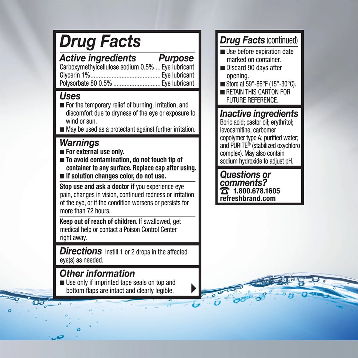 Image of Refresh Optive Advanced Eye Drops (10 mL Bottle) label by Abbvie, featuring HydroCell™ Technology. It displays active ingredients, uses, warnings, storage details, and contact info. The backdrop shows water with bubbles for a refreshing vibe.