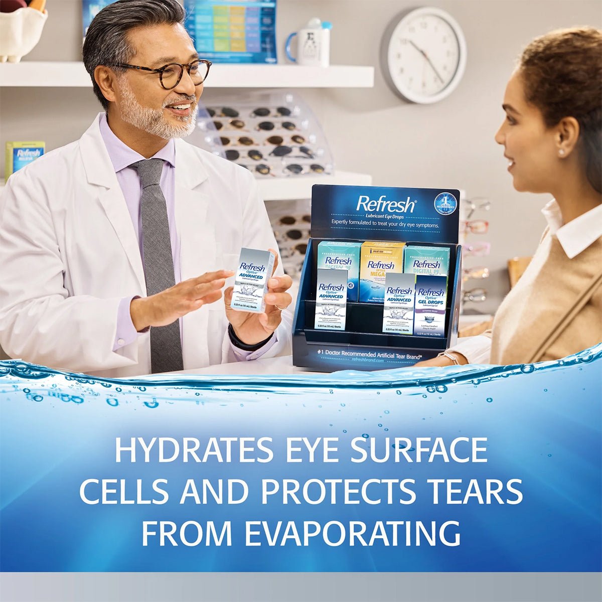 A pharmacist shows a woman a box of Refresh Optive Advanced Eye Drops by Abbvie in front of a pharmacy display with various Refresh products. The text highlights their HydroCell™ Technology for hydrating eye surface cells and Triple-Action Relief to prevent tear evaporation.