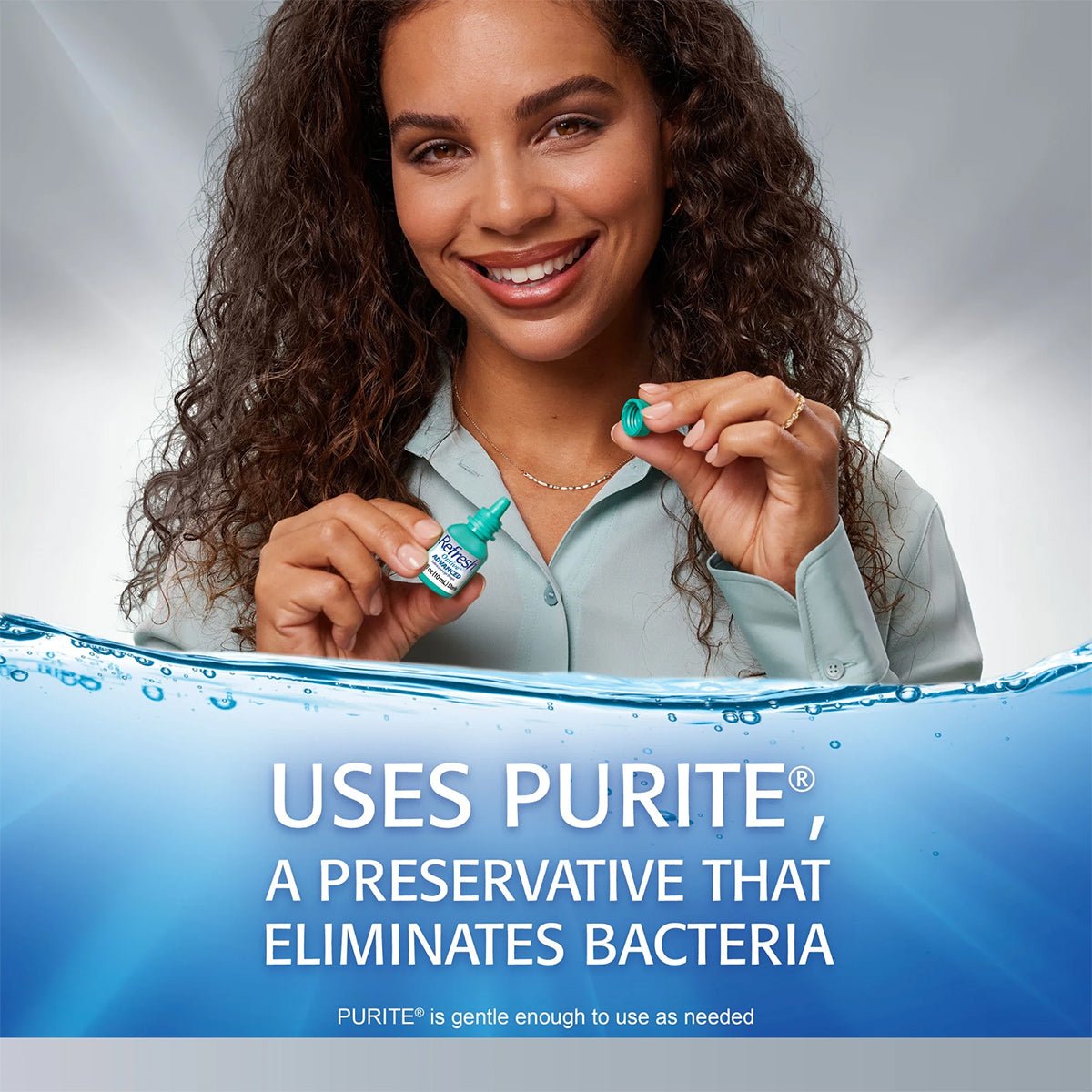 A woman smiles holding a 10 mL bottle of Refresh Optive Advanced Eye Drops by Abbvie. The light gray background has a water splash effect. Text reads: USES PURITE®, A PRESERVATIVE THAT ELIMINATES BACTERIA. The HydroCell™ Technology makes it gentle for frequent use.