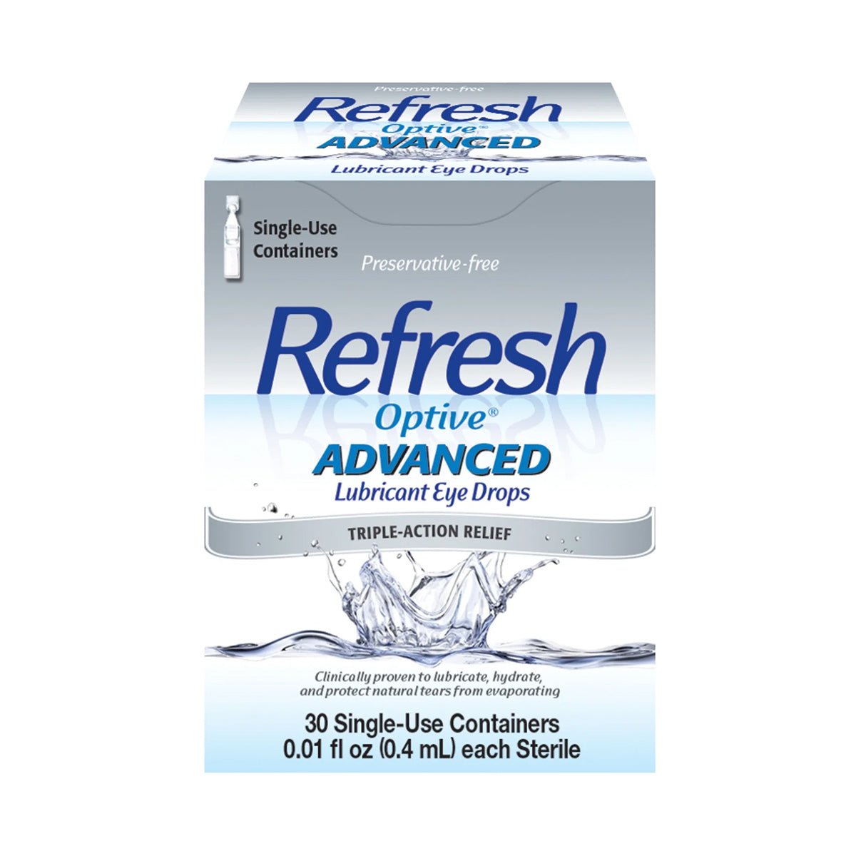 A box of Abbvies Refresh Optive® Advanced Preservative-Free Lubricant Eye Drops showcases its preservative-free, triple-action relief formula. The package contains 30 single-use vials, each with 0.01 fl oz (0.4 mL).