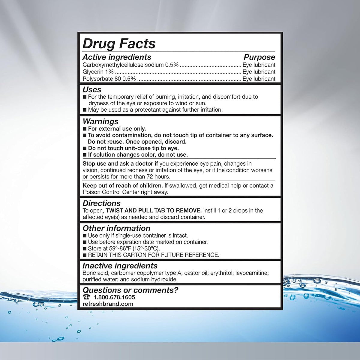 The drug facts label for Refresh Optive® Advanced Preservative-Free Lubricant Eye Drops by Abbvie lists active ingredients like Carboxymethylcellulose sodium, Glycerin, and Polysorbate. It offers triple-action relief and includes warnings, usage directions, storage info, and a contact number for questions.