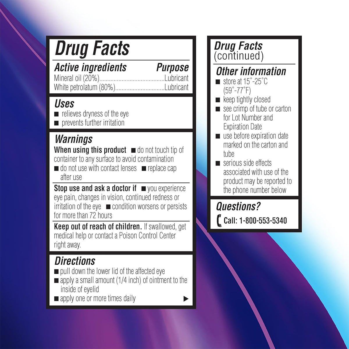 Image of Soothe Eye Ointment by Bausch + Lomb label showing Drug Facts for severe dry eye relief, featuring a preservative-free formula with mineral oil and white petrolatum. Includes uses, warnings, nighttime use directions, storage instructions, and a contact number for inquiries.
