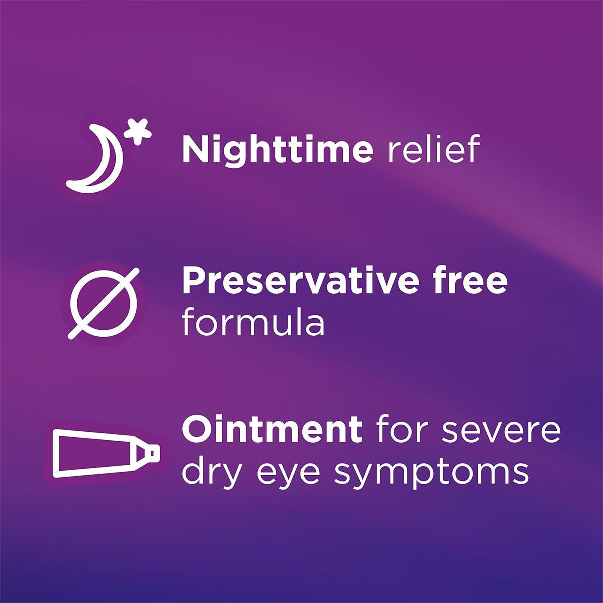 Purple background with three white icons and text: a crescent moon with Nighttime relief, a circle with a slash and Preservative-free formula, and an ointment tube labeled For severe dry eye symptoms. Ideal for nighttime use of Soothe Eye Ointment by Bausch + Lomb (1.8 Oz).