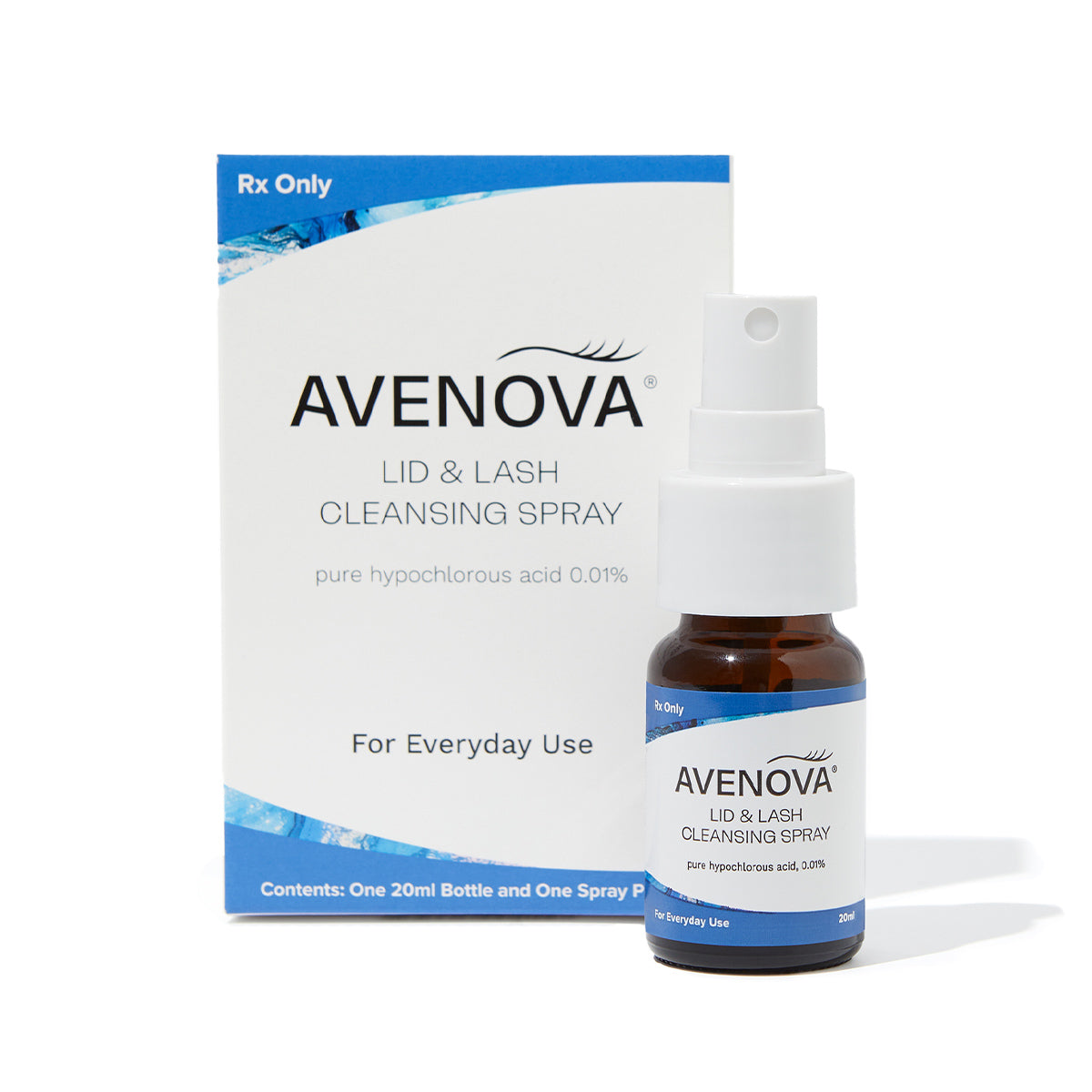 NovaBays Avenova® Hypochlorous Spray Solution (20ml) is an eyelid cleanser with sleek blue and white packaging. It contains 0.01% pure hypochlorous acid for daily use and features Rx Only text prominently displayed.