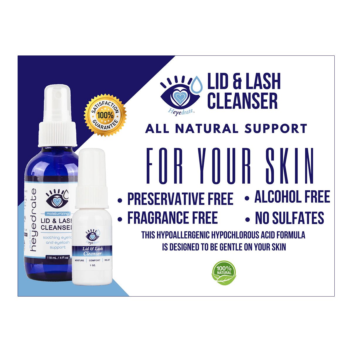 Image of two bottles labeled Heyedrate Lid & Lash Cleanser by PRN - Physician Recommended Nutriceuticals on a white and blue background. This hypoallergenic formula is ideal for dry eye relief, and its preservative, fragrance, alcohol, and sulfate-free. Includes satisfaction guarantee and natural support badges.