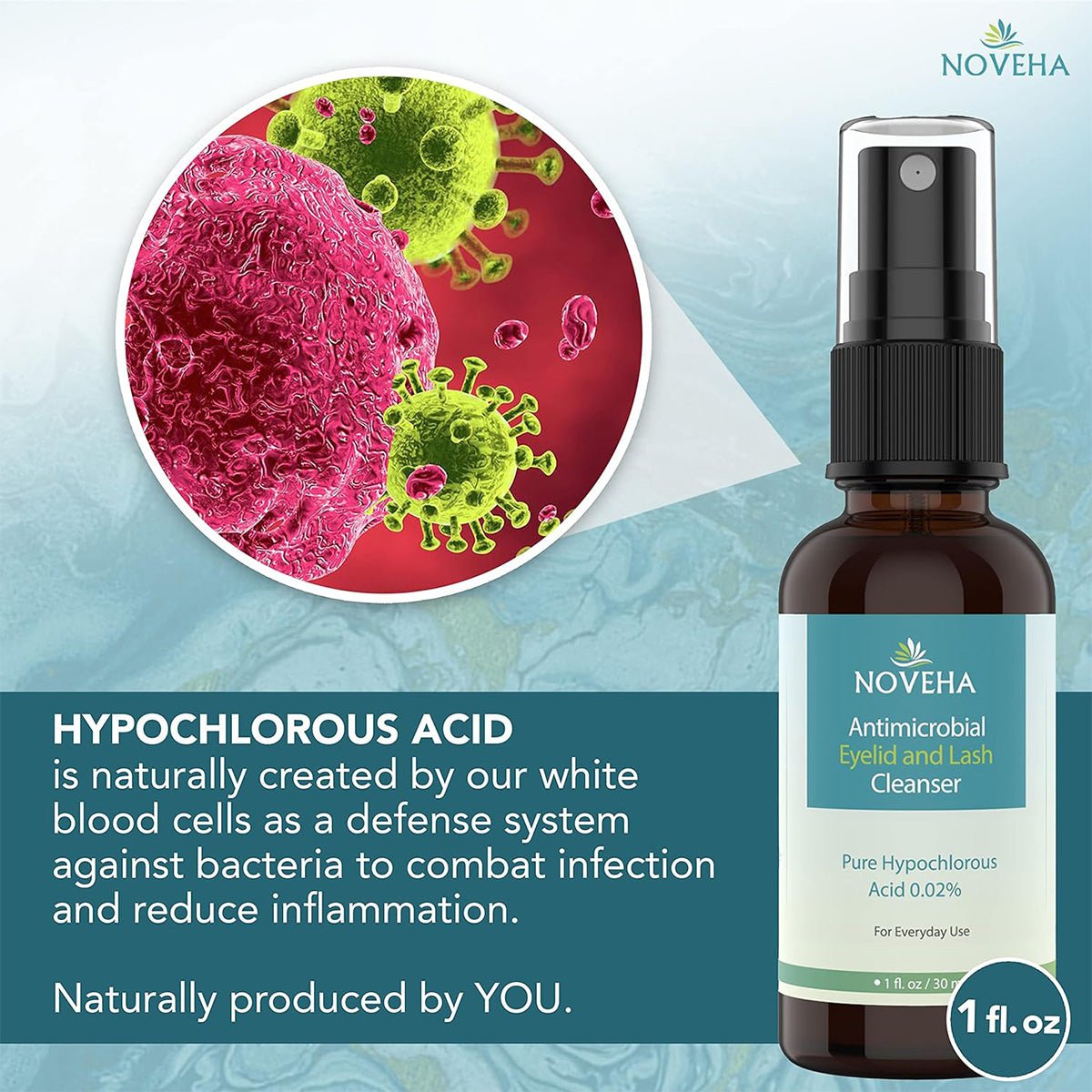 Image of Noveha Hypochlorous Acid Eyelid and Lash Cleanser (30mL) shown with an illustration of hypochlorous acid fighting bacteria. Naturally made by white blood cells, it’s great for sensitive skin, effective in controlling infections, and reducing inflammation.