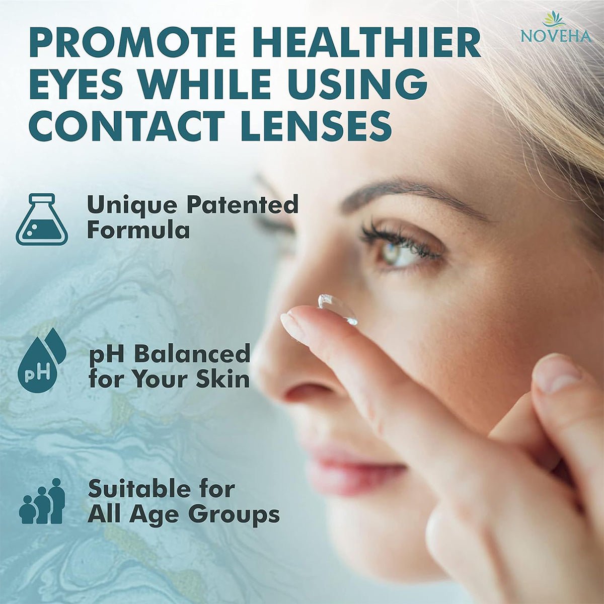 A person holds a contact lens near their eye. Text: Enhance eye health with our eyelid cleanser, featuring Unique Patented Formula, pH Balanced for Your Skin, and Hypochlorous Acid Suitable for All Age Groups. Logo: Noveha. Product: Noveha Hypochlorous Acid Eyelid and Lash Cleanser (30mL).
