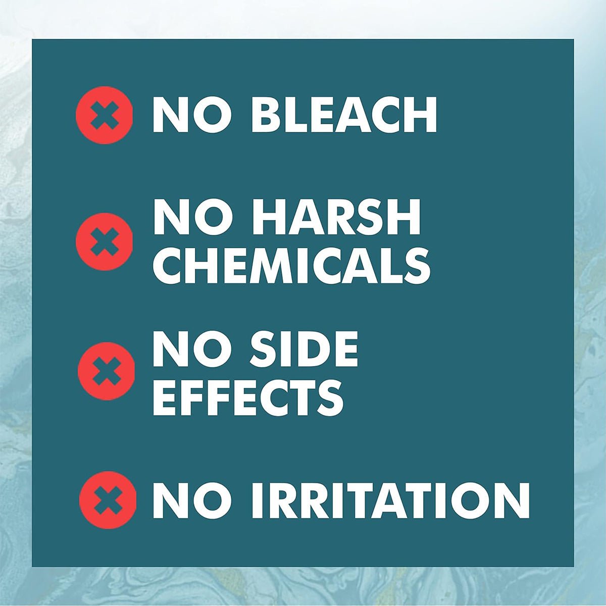 A teal background with four red circles containing X marks states: No Bleach, No Harsh Chemicals, No Side Effects, No Irritation. This makes Noveha Hypochlorous Acid Eyelid and Lash Cleanser (30mL) perfect for sensitive skin. Ideal cleanser featuring gentle hypochlorous acid.
