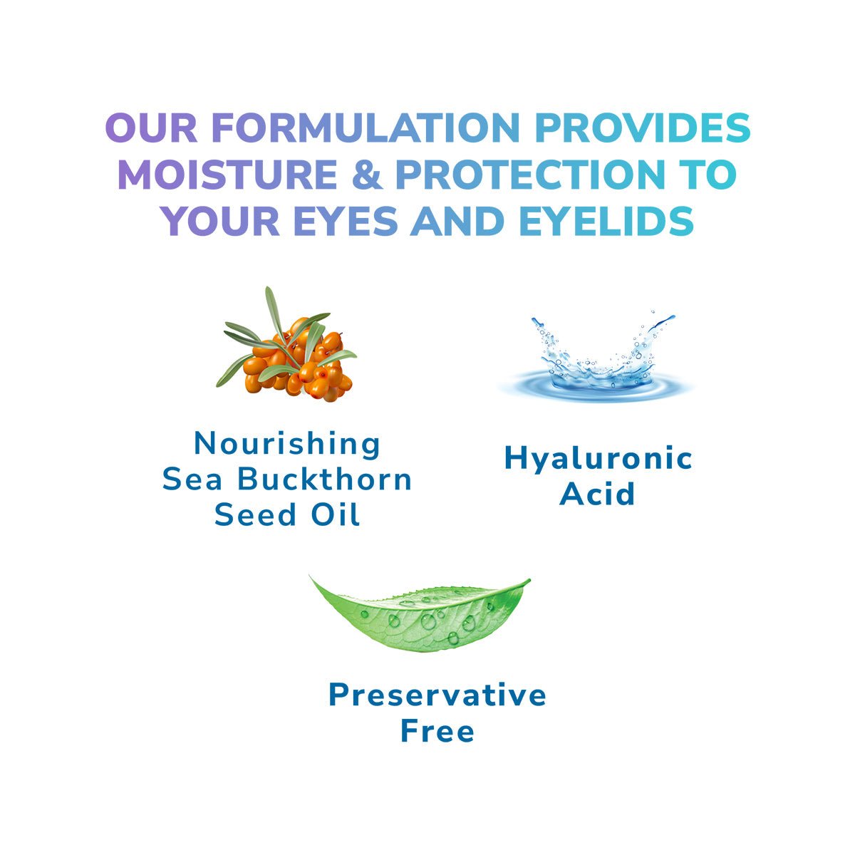 Text on image reads: Optase Comfort Dry Eye Spray offers moisture and protection with nourishing Sea Buckthorn Seed Oil, Hyaluronic Acid, and Preservative-Free ingredients for enhanced tear film stability.