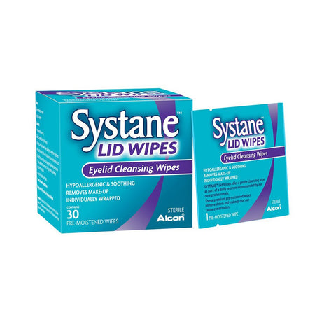 A sleek blue and purple box of Alcons Systane Lid Wipes is shown beside an individually wrapped packet, highlighting 30 pre-moistened, hypoallergenic wipes for eyelid cleansing, makeup removal, and eye irritation prevention labeled sterile.