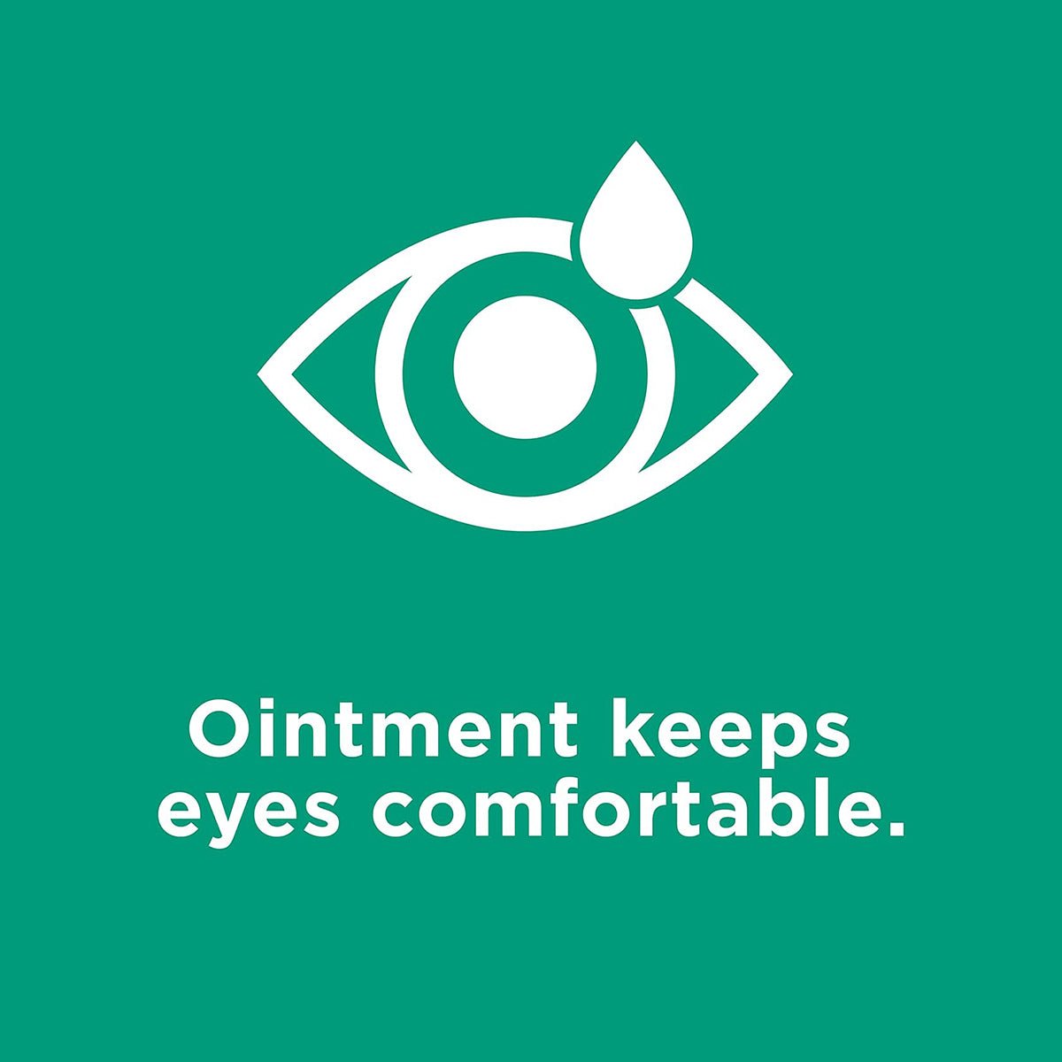A white eye with a tear drop on a green background. Below reads: Alcons Systane Nighttime Lubricant Eye Ointment (3.5g Tube) keeps eyes comfortable, providing overnight relief for dry eyes.