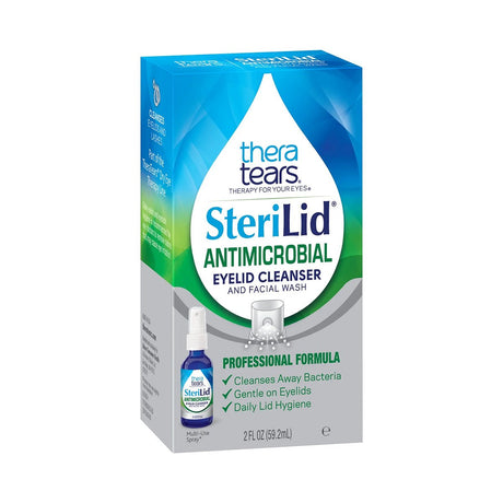 The Thera Tears TheraTears SteriLid Antimicrobial Eyelid Cleanser (2 fl oz Spray) with hypochlorous acid removes bacteria, is gentle on eyelids, and promotes ocular health for daily eye hygiene.