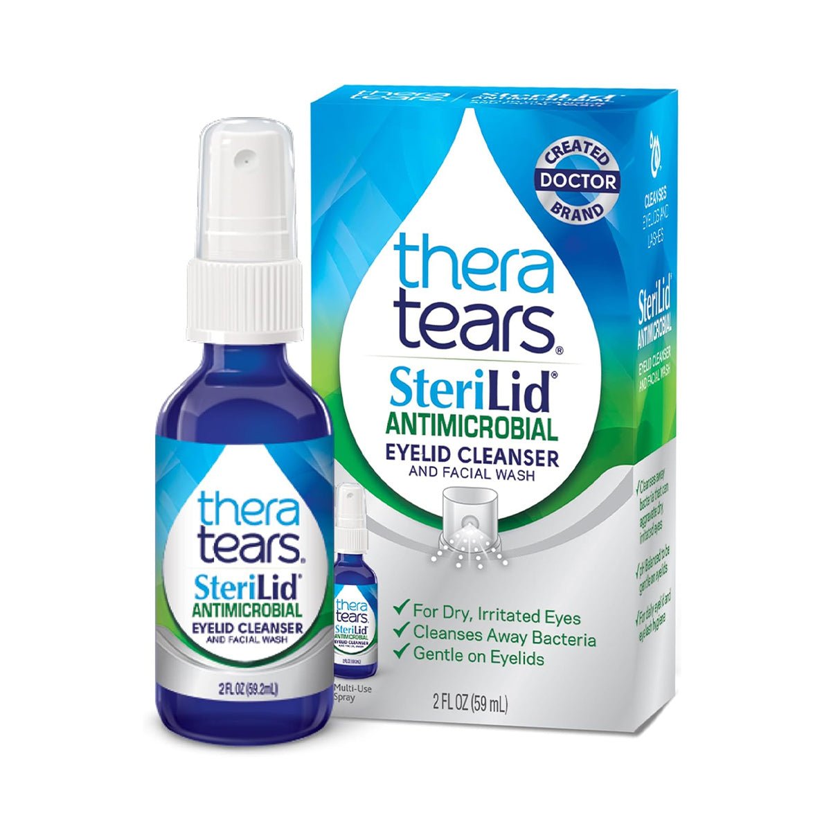 Image of TheraTears SteriLid Antimicrobial Eyelid Cleanser, a 2 fl oz spray bottle with blue and white branding next to a matching box, highlighting its beneficial hypochlorous acid formula for ocular health and relief of dry, irritated eyes.