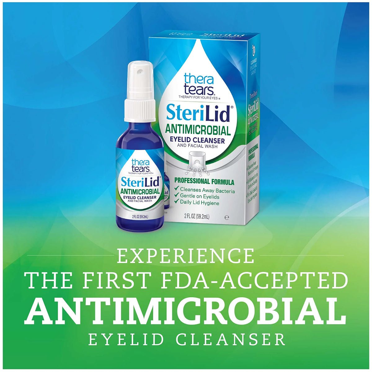 Image showcasing Thera Tears TheraTears SteriLid Antimicrobial Eyelid Cleanser (2 fl oz spray) and packaging. Set against a green and blue backdrop, it emphasizes its role as the first FDA-accepted antimicrobial eyelid cleanser with hypochlorous acid for better ocular health.