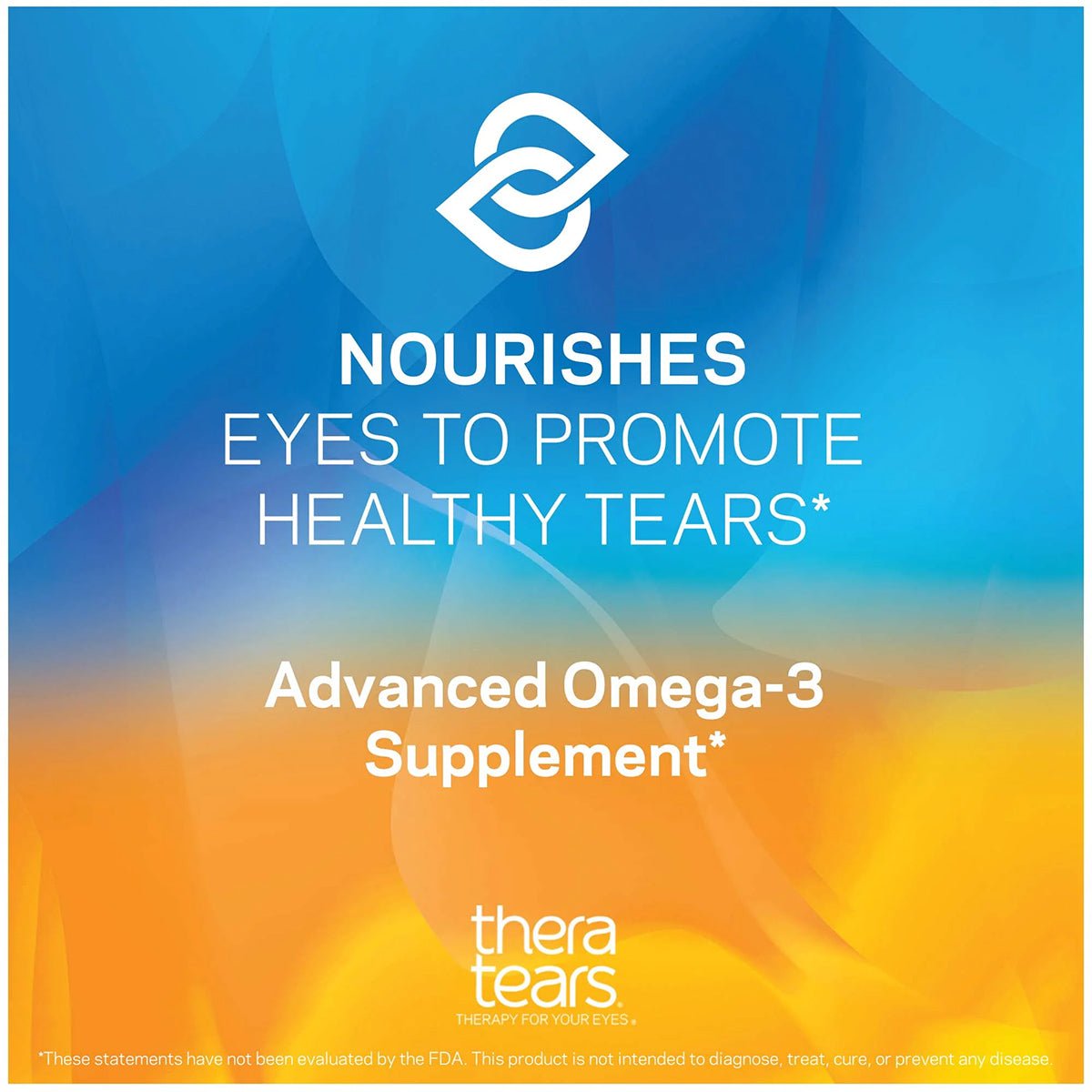 Ad for Thera Tears Omega-3 Dry Eye Formula (180ct), with an abstract blue and yellow background. Text: Nourishes dry eyes for healthy tears* Advanced Omega-3 Supplement* and includes a disclaimer regarding FDA evaluation.
