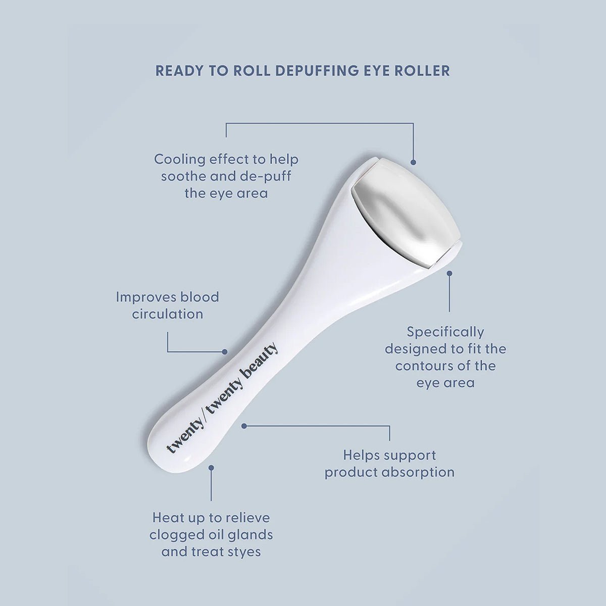 The Twenty Twenty Ready To Roll Depuffing Eye Roller features a metal tip and white handle labeled twenty/twenty beauty on a blue background. Ophthalmologist tested, it offers cooling to reduce puffiness, improve circulation, heating for contour fit, and supports absorption.