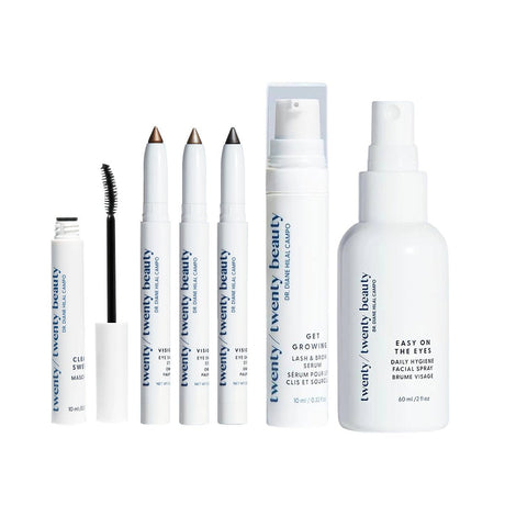 Explore eye-safe beauty with the Twenty/Twenty Beauty Starter Set, including a white mascara tube, three eyeliners in brown, black, and navy, an effective lash & brow serum, and a revitalizing facial spray—all tailored for your delicate eye area.