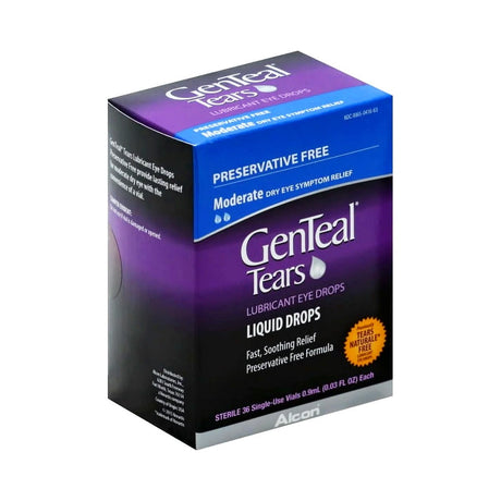 A box of Alcon GenTeal Tears Lubricant Eye Drops contains 36 preservative-free, single-use vials for moderate dry eye relief, with a purple and blue design accented by orange highlights for fast, soothing relief and a sensitive eye formula.