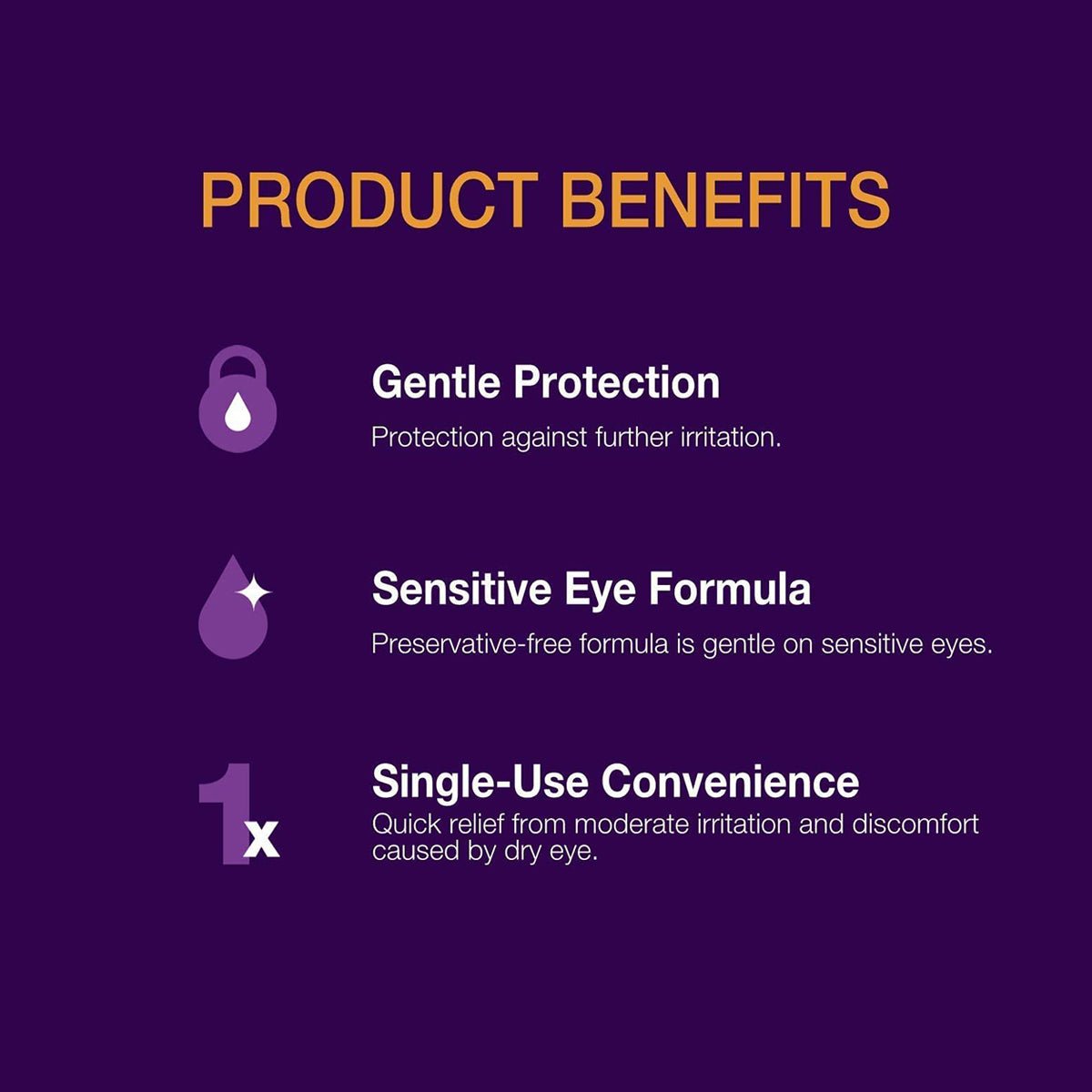 A graphic titled Product Benefits on a purple background showcases GenTeal Tears Lubricant Eye Drops from Alcon, featuring Gentle Protection, Sensitive Eye Formula, and Single-Use Convenience with icons like a droplet and single-use symbol. Enjoy ultimate dry eye relief with these specially formulated vials.