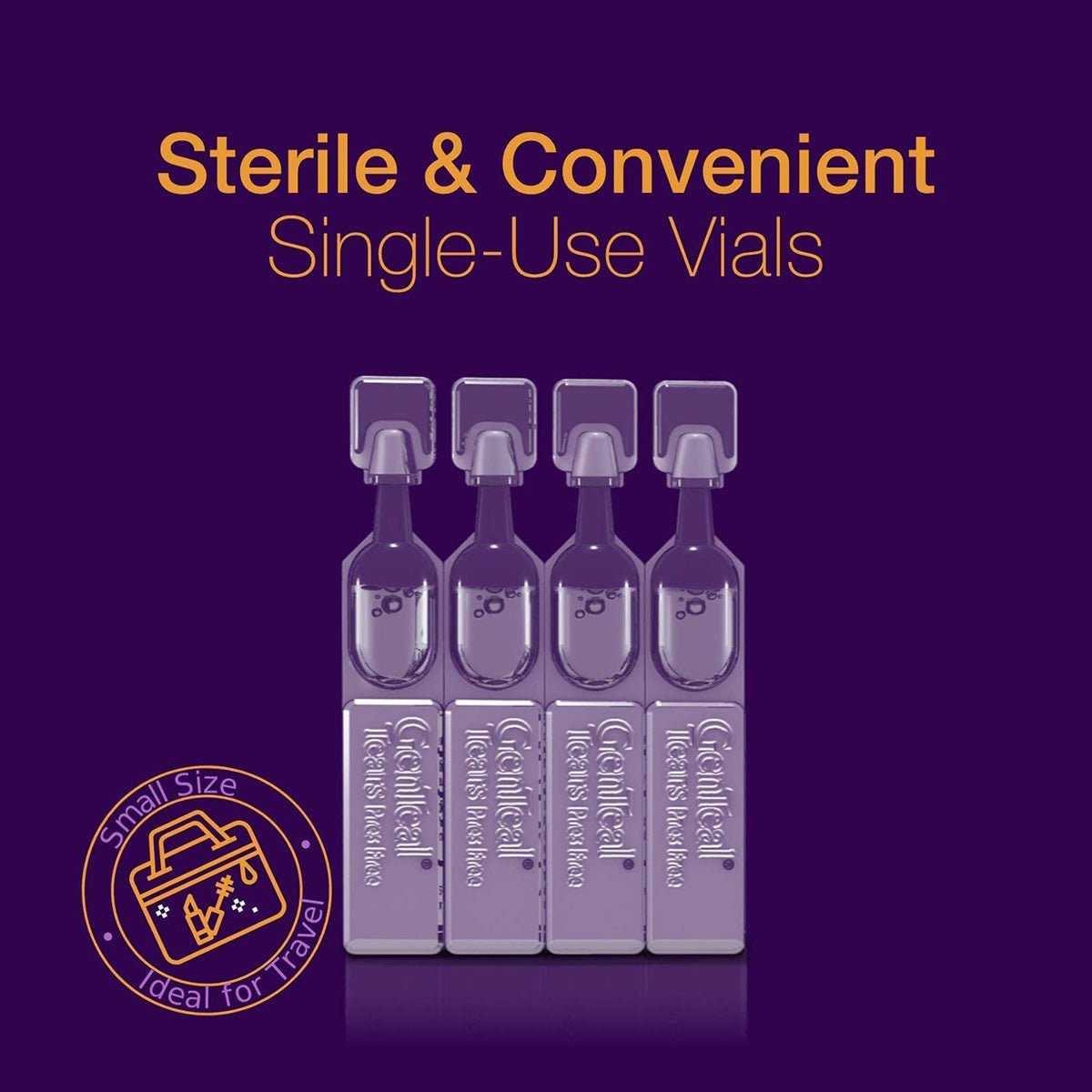 Four transparent single-use vials appear on a dark purple background. The text, Sterile & Convenient GenTeal Tears Lubricant Eye Drops, emphasizes dry eye relief in yellow. A circular icon with a suitcase reads, Small Size, Ideal for Travel in the lower left corner.
