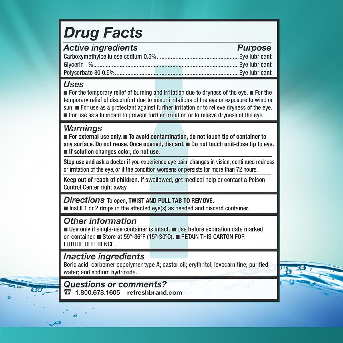 The Refresh Digital Preservative Free, by Abbvie, comes with a detailed drug facts label for fast-acting relief from digital eye strain. It lists active ingredients, purposes, warnings, usage directions, storage instructions, and manufacturers contact. The background features a blue to green gradient.