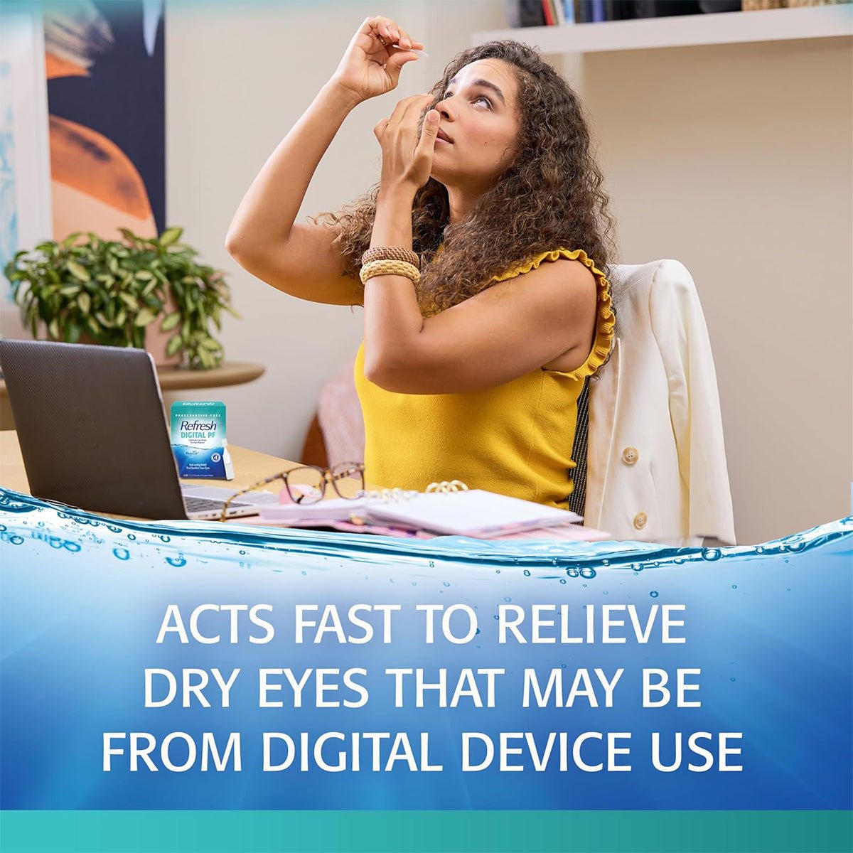 A woman at a desk uses Abbvies Refresh Digital Preservative Free eye drops. A laptop and the product box are visible on the table. Text below reads, Acts fast to relieve digital eye strain from device use.