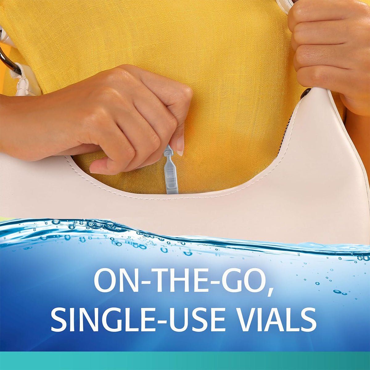 Someone in a yellow shirt pulls a Refresh Digital Preservative Free single-use vial by Abbvie from a white handbag. The text at the bottom says, On-the-go, fast-acting relief, against a water-themed background.