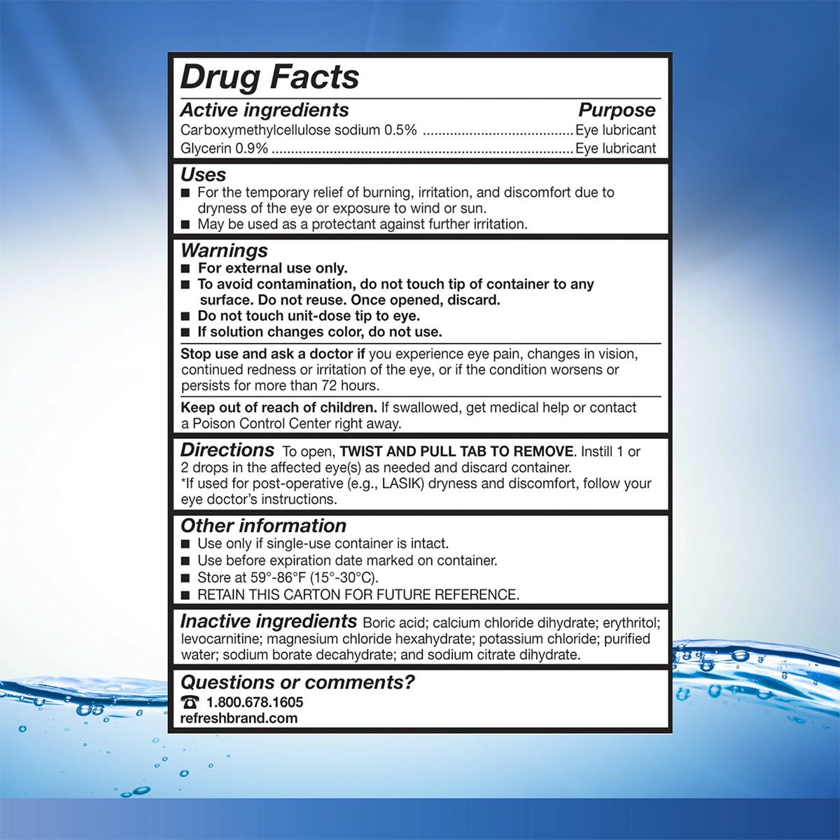 The Refresh Optive Lubricant Preservative Free Eye Drops by Abbvie features a drug facts label detailing active ingredients, purpose, warnings, and directions for use. It provides long-lasting hydration for dry eye relief and includes inactive ingredients and a contact number on a water splash background.
