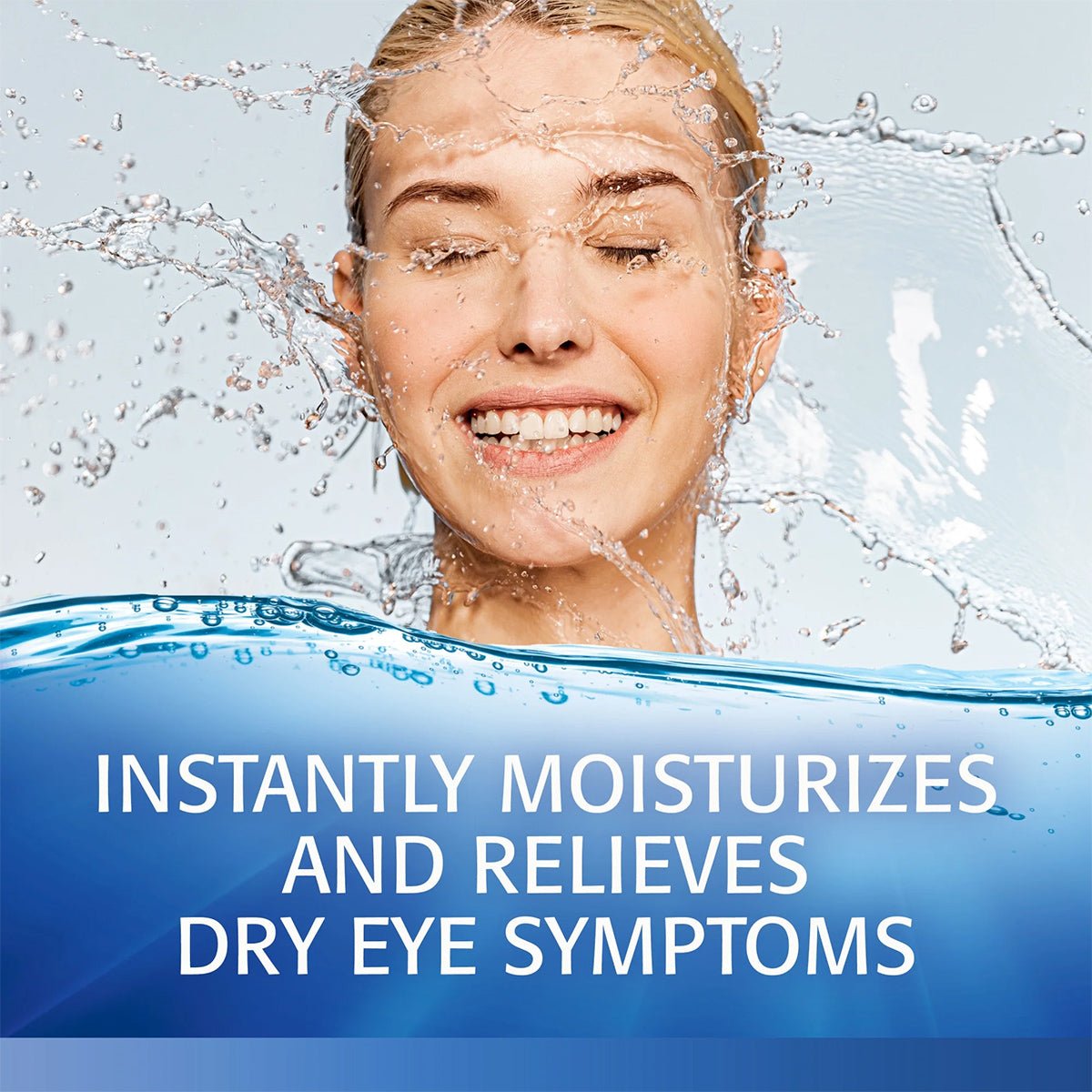 A smiling person splashes water on their face with the text: Refresh Optive Lubricant Preservative Free Eye Drops by Abbvie instantly moisturizes and gives long-lasting dry eye relief on a blue and white gradient background.