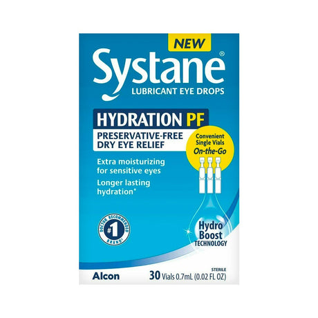 Image of Systane Hydration Preservative-Free Lubricant Eye Drops from Alcon: Featuring New Sodium Hyaluronate formula for extra moisture and preservative-free dry eye relief, perfect for sensitive eyes on-the-go with 30 convenient 0.7mL single-use vials.